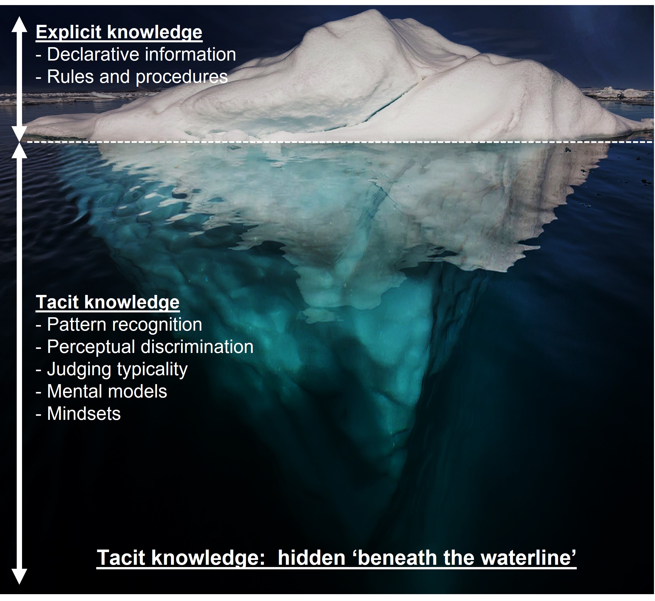 Image shows an iceberg above and below waterline, highlighting explicit knowledge (visible, above waterline) and Tacit knowledge (much bigger but not visible, below the waterline).

Text added to graphic above waterline says:
Explicit knowledge includes...
- Declarative information
- Rules and procedures

Text added to graphic below waterline says: 
Tacit knowledge includes...
- Pattern recognition
- Perceptual discrimination
- Judging typicality
- Mental models
- Mindsets


