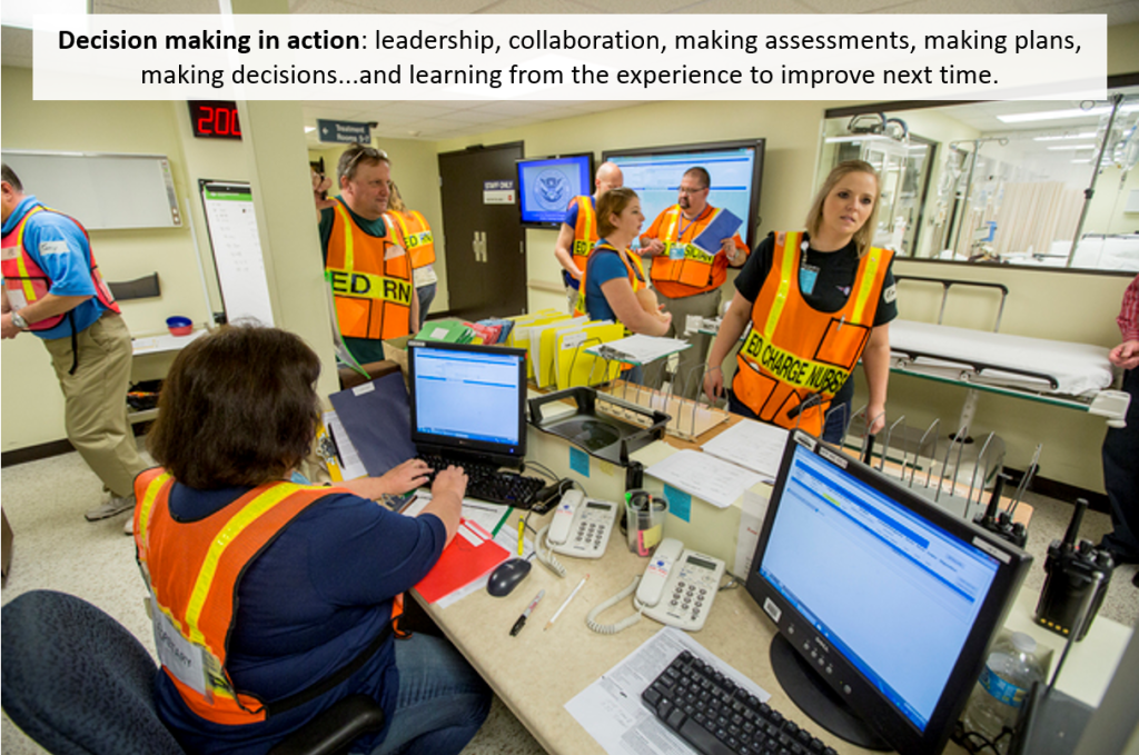 Image shows healthcare professionals managing an emergency room during a simulated crisis during the Healthcare Leadership for Mass Casualty Incidents (HCL) course at FEMA’s Center for Domestic Preparedness

Embedded text box says: Decision making in action: leadership, collaboration, making assessments, making plans, making decisions...and learning from the experience to improve next time. 