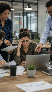 Person looks stressed, sat at laptop, surrounded by people adding to the stress by trying to get their attention or give them extra work 