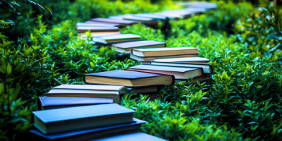 A winding path through a green leafy environment, with books forming the paved path