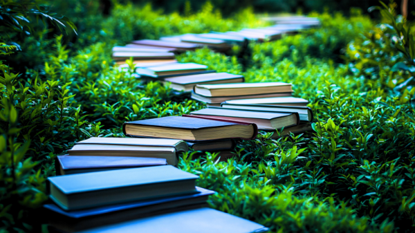 A winding path through a green leafy environment, with books forming the paved path